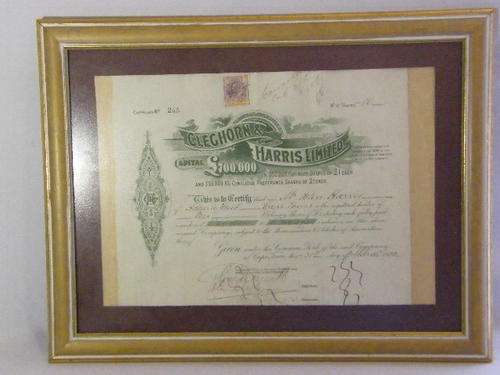 1905 Cleghorn & Harris share certificate to John Harris for 10 shares - 31 March 1905 - as per photo