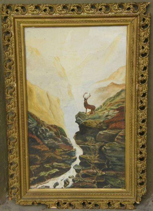 Unknown watercolour painting of stag horn - frame damaged - as per photo