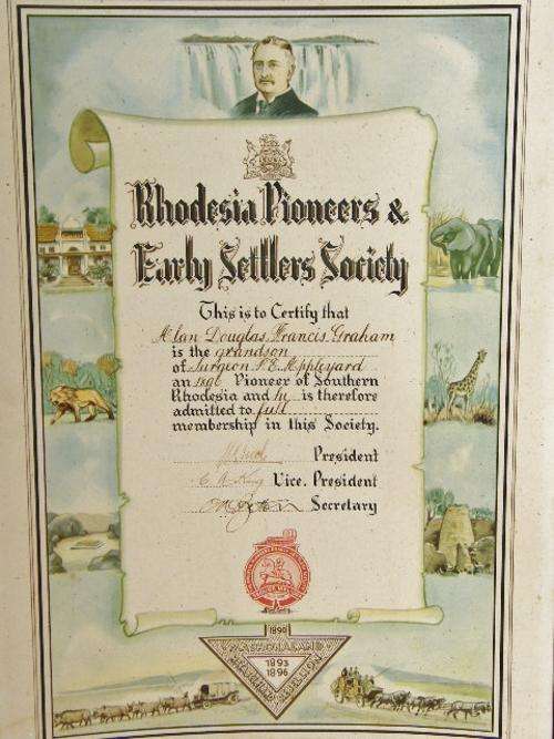 Rhodesia Pioneers and early settlers society member certificate to Alan Douglas Francis Graham
