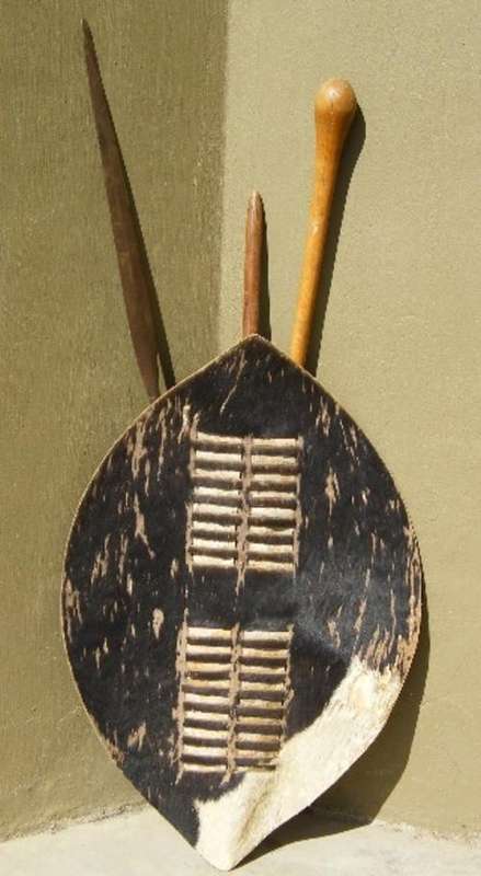 Antique Zulu spear, shield & knobkierie - original but shield's wooden handle was replaced