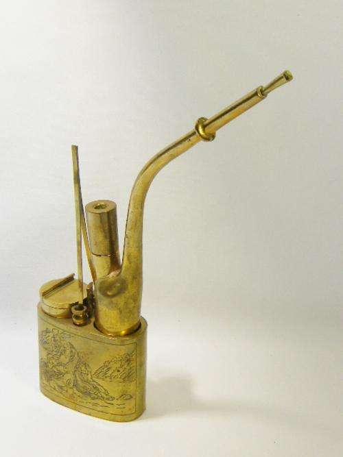 Antique brass Chinese water Opium pipe with tobacco holder and tweezer - as per photo