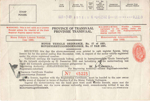 1949 Motor vehicle licence receipt South Africa - as per photo