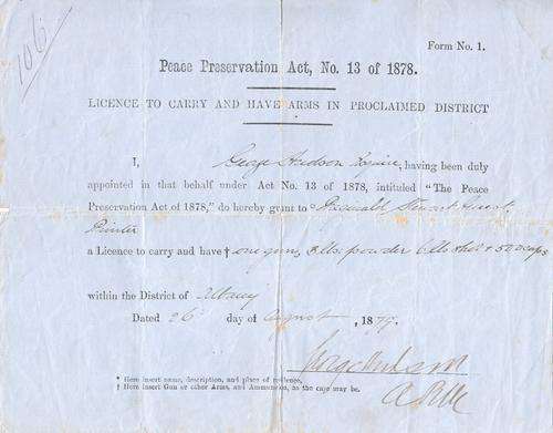 Ephemera - 1879 Licence to carry and have arms issued by George Audoon to Reginald Stewart Guest