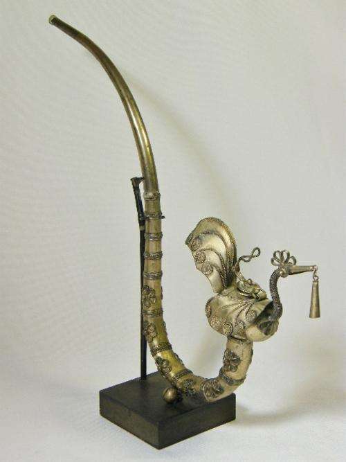 Thai silver antique opium pipe with peacock & filagree work - 1950's - as per photo