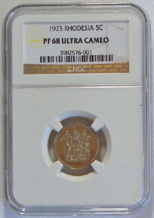 1973 Rhodesia Proof 5 Cent Graded PF 68 Ultra Cameo by NGC - Finest Grade - Only 10 Minted