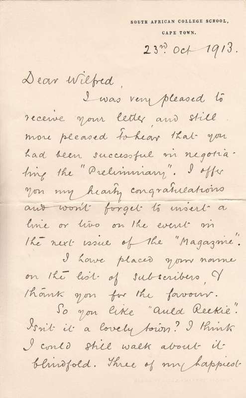 Ephemera - 1913 letter written on SACS stationary - South African College School - 23 October 1913
