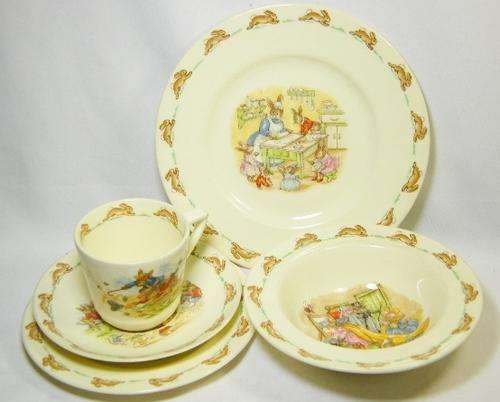 Lot of 5 Royal Doulton bunnykins pieces - cup, saucer, side plate, dinner plate & porridge bowl