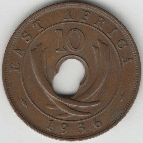 1936 East Africa 10 cents with double striked centre hole error - scarce - as per photo