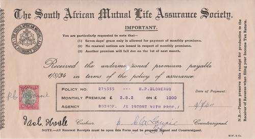 The South African Mutual Life Assurance Society tax receipt 1934 - HP Blomerus - as per photo