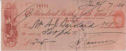 1934 Standard Bank of South Africa cheque - Boshof branch - cheque number 18181 - as per photo