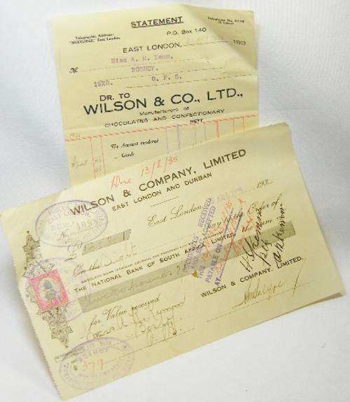 Wilson and Company 1935 statement cheque (promissory note) - National Bank of SA (Barclays)