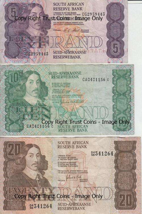 Lot of 3 old SA banknotes - R5, R10 and R20 - as per photo