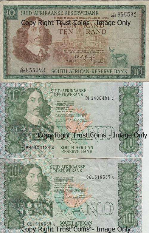Lot of 3 old SA R10 banknotes - TW de Jongh, GPC de Kock, CL Stals - as per photo
