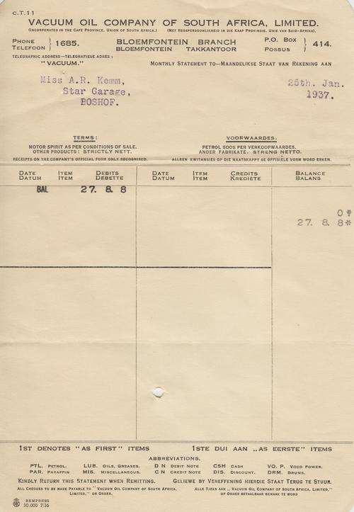 Vacuum Oil Company of South Africa (later Mobil) 1937 statement - as per photo