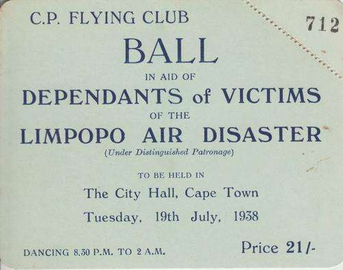 Cape Province Flying Club invitation card to a ball held in aid of Dependants of the victims