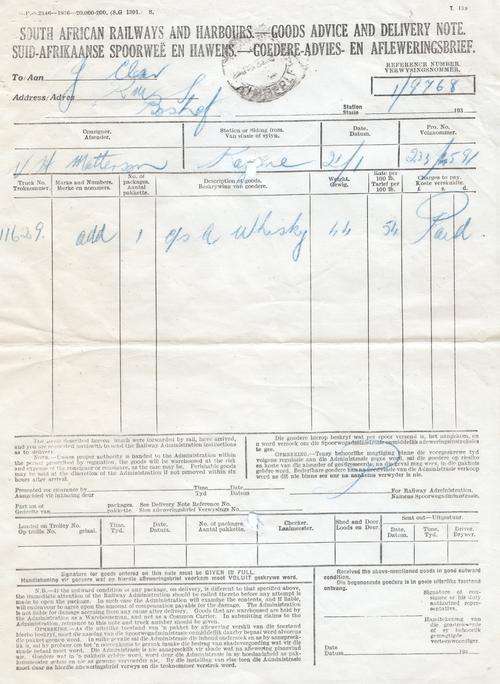 SA Railways & Harbour 1930's delivery note for whiskey - as per photo