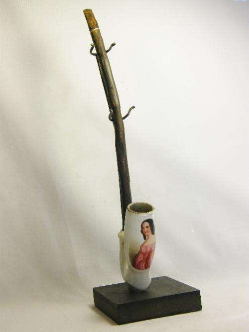 Antique porcelain smoking pipe with long wooden mouthpiece - as per photo