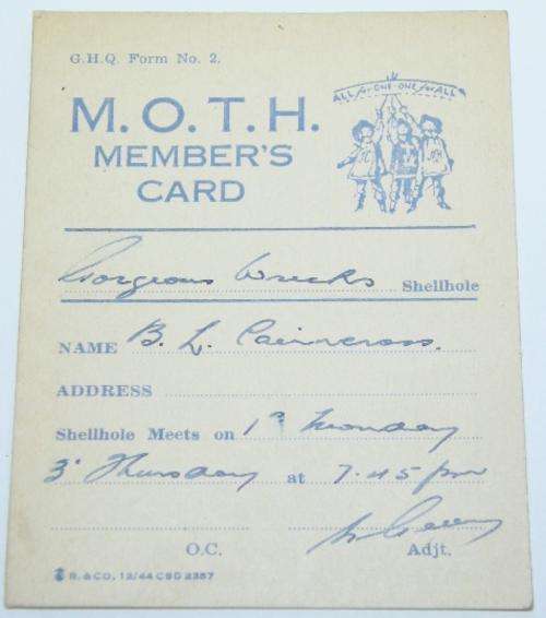 1945 M.O.T.H member`s card - Memorable Order of Tin Hats - gorgeous wrecks shellhole - as per photo