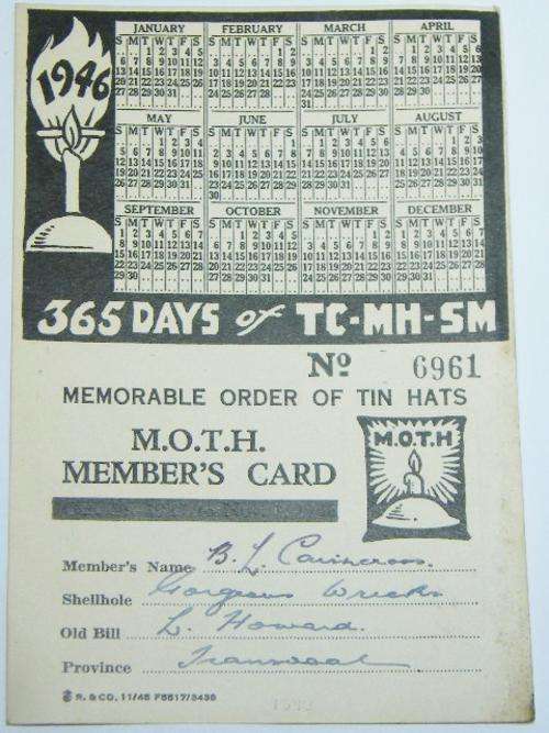 1946 M.O.T.H members card for Gorgeous Wrecks shellhole - Memorable order of Tin Hats - as per scan