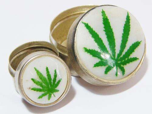 Lot of 2 tin and Mother of pearl pill boxes with cannabis leaf on lid - as per photo