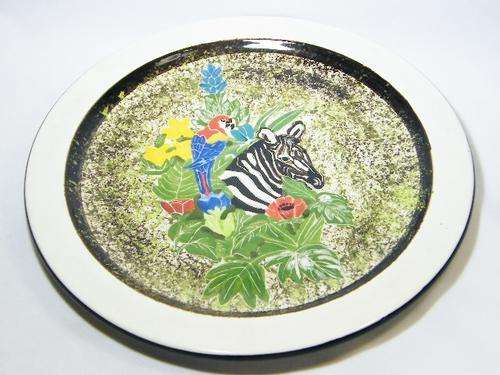 Vintage large hand painted display plate - zebra and parrot - as per photo