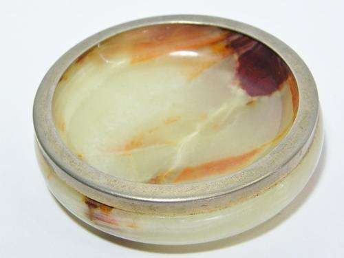 Vintage alabaster trinket bowl with metal rim - as per photo