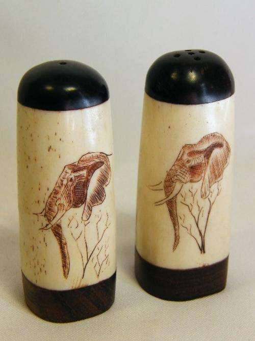 Pair of antique bone & wood salt & pepper shakers with scrimshaw artwork of elephant - as per photo