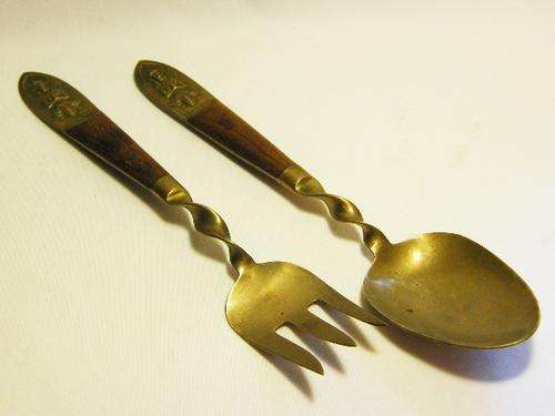 Pair of vintage Thailand souvenir salad spoon & fork - brass with wooden handles - as per photo