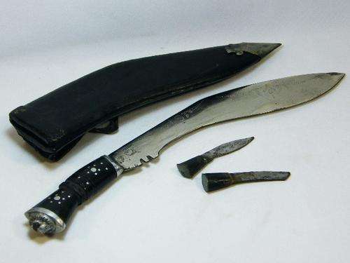 Vintage Gurkha Kukri knife with bone & metal handle - leather clad wood scabbard with 2 small