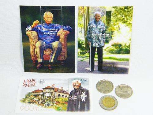 Nelson Mandela set of 3 miniature sheet stamps & 3 different R5 coins @ CRAZY R1 START