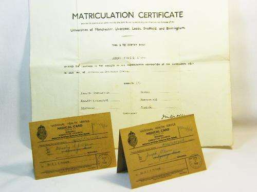 1931 Matriculation Certificate of Joseph Francis O`Kane with his and his wife`s medical cards
