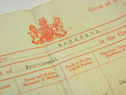 1875 Birth certificate of Neville Silva from Prittlewell, Essex - as per photo