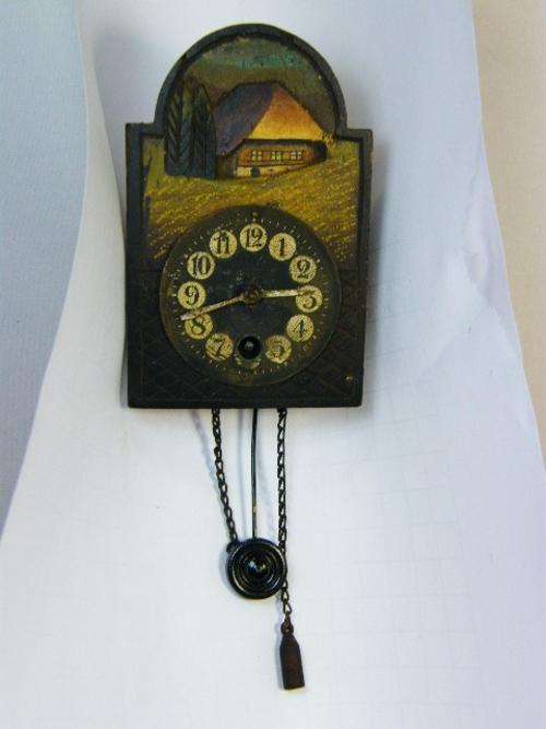 Vintage miniature windup wall clock - working - handpainted - as per photo