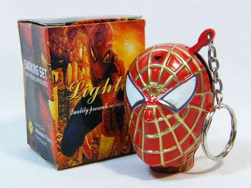 Refillable Butane adjustable flame gas lighter in shape of Spider man with lighting eyes and keyring