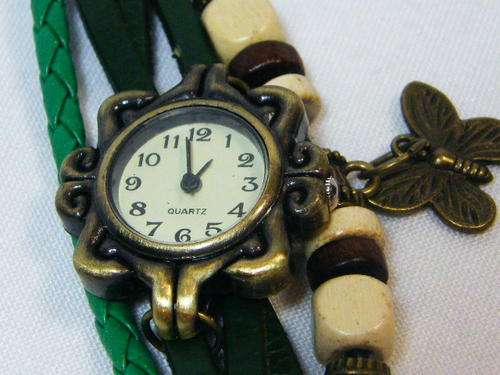 Ladies Quartz fashion watch with green leather strap and beads - working - as per photo