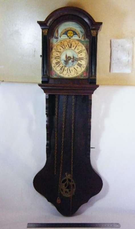 Old Dutch wooden wall clock with moon phase - weight driven - needs weights & pendulum suspension sp