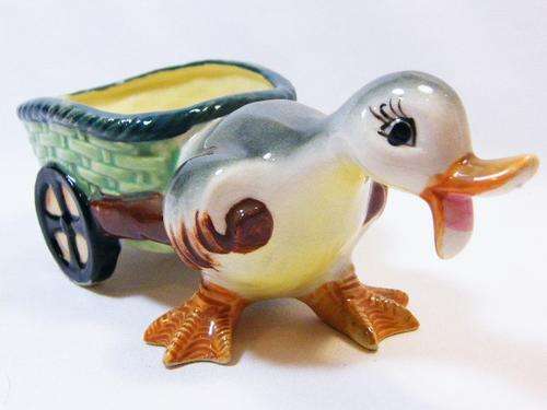Vintage hand painted porcelain duck and cart flower pot - as per photo