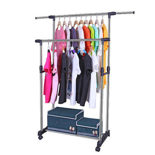 Telescopic Double Pole Clothes Rail Rack with Wheels