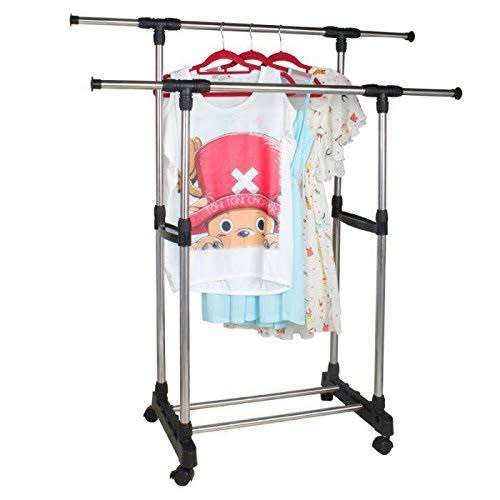 Telescopic Double Pole Clothes Rail Rack with Wheels