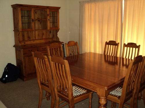 Oregon pine 8 seater diningroom table and chairs plus carver chair and welsh dresser
