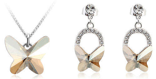 Swarovski Elements Champagne Butterfly Pendant and Earring Jewellery Set