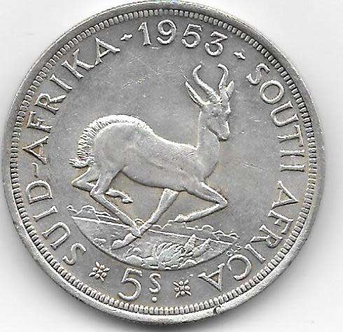 1952 SILVER SOUTH AFRICA FIVE SHILLINGS ELIZABETH REGINA SEE PER SCAN