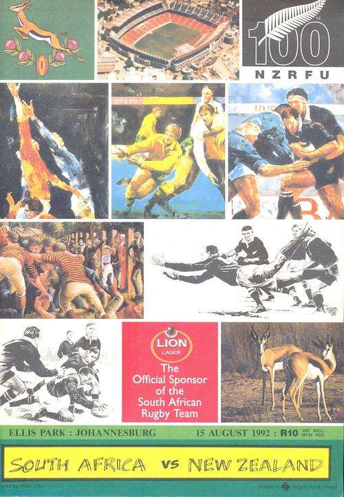 Rugby test brochure - South Africa vs New Zealand - Ellis Park 15 Aug 1992.