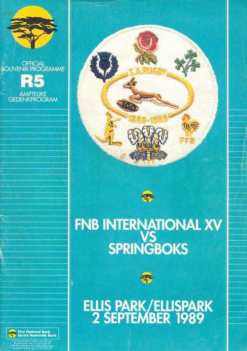 Rugby test brochure - South Africa vsFNB International XV - Ellis Park 2 Sept 1989