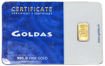 Goldas 1g Gold Bar (In Assay) .995 Fine certified