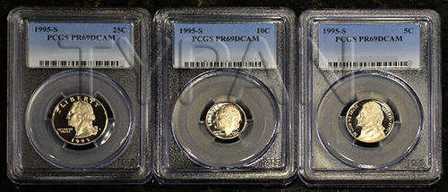 1995 PCGS PR69 DEEP CAMEO QUARTER DIME AND NICKEL