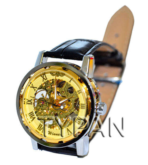 Vintage Mechanical Skeleton Wrist Watch Gold finish with leather strap