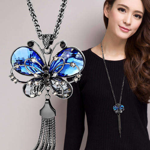 Black Gun Plated Butterfly Simulated Sapphire Crystal Long Tassel Pendant Necklace