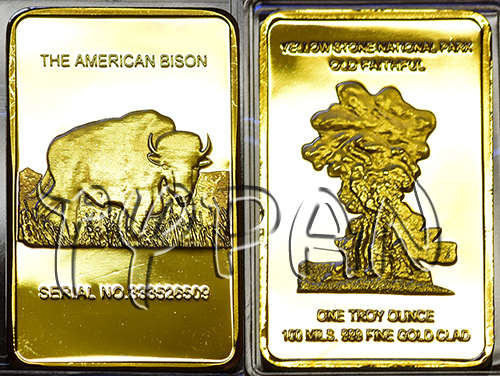 Yellow Stone National Park American Bison 100mils gold clad bar in protective slab + FREE medallion