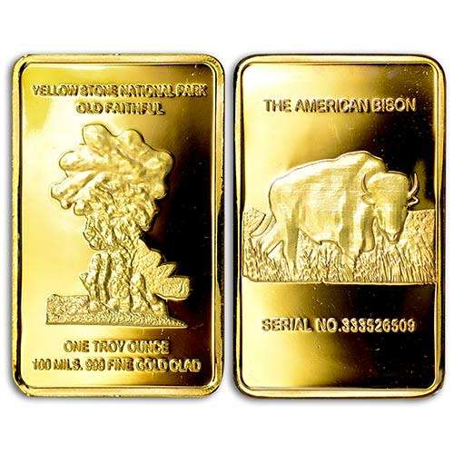 Yellow Stone National Park American Bison 100mils gold clad bar in protective slab + FREE medallion